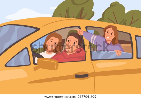 Road\
trip of family of parents and daughter. People drive car, holidays\
and relax on weekends. Mom and dad with child journey adventure in\
van transport. Vector illustration, flat\
cartoon