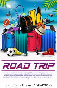 road trip family travel flyer with rugby tennis soccer basket beach balls, hat, camera, headphones, shoes, bags, golf, fins, rackets and beach background