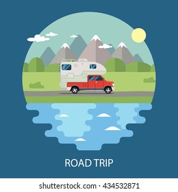 Road trip flat design. Nature landscape illustration