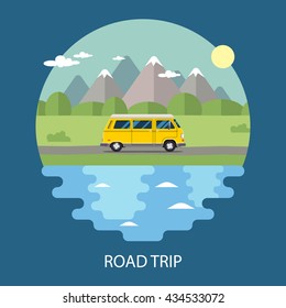 Road trip flat design. Nature landscape illustration