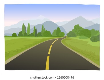 Road trip flat hand drawn vector illustration. Cartoon mountains, forest landscape, highway. Horizon with asphalt winding road, trees, sky. Summer travel, trip background. Poster, banner design idea