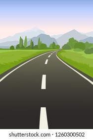 Road Trip Flat Hand Drawn Vector Illustration. Cartoon Mountains, Forest Landscape, Highway. Horizon With Asphalt Winding Road, Trees, Sky. Summer Travel, Trip Background. Poster, Banner Design Idea