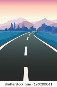 Road trip flat hand drawn vector illustration. Cartoon mountains, forest landscape, highway. Horizon with asphalt winding road, trees, sky. Summer travel, trip background. Poster, banner design idea