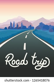 Road trip flat hand drawn vector illustration. Cartoon mountains, forest landscape and highway. Handwritten white lettering, calligraphy. Travel, trip background. Poster, banner color design idea