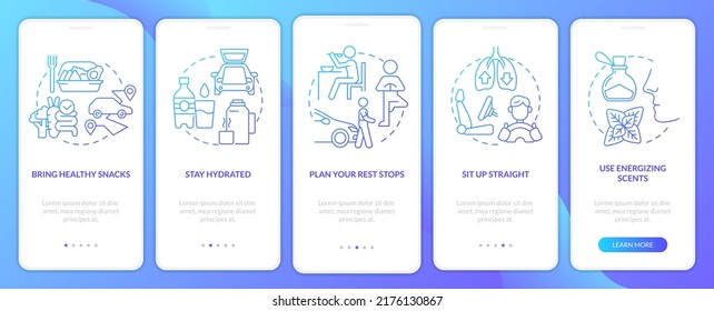 Road trip healthy habits blue gradient onboarding mobile app screen. Car tour walkthrough 5 steps graphic instructions with linear concepts. UI, UX, GUI template. Myriad Pro-Bold, Regular fonts used