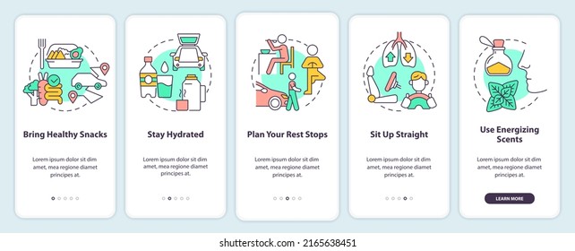 Road trip healthy habits onboarding mobile app screen. Car tourism walkthrough 5 steps editable graphic instructions with linear concepts. UI, UX, GUI template. Myriad Pro-Bold, Regular fonts used