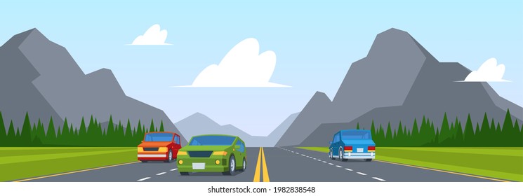 Road trip. Highway traffic with various cars on road lines sunrise and mountains view garish vector cartoon background