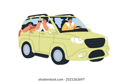 Road trip, holiday adventure. Happy friends travel by car. People enjoying auto ride. Happy men, woman in SUV on summer vacation journey, drive. Flat vector illustration isolated on white background