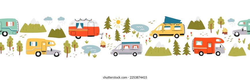 Road trip horizontal seamless pattern, doodle camper vans, vanlife, adventure - great for textiles, banners, wallpapers - vector design 