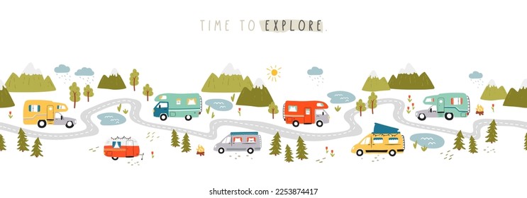 Road trip horizontal seamless pattern, doodle camper vans, vanlife, adventure - great for textiles, banners, wallpapers - vector design 