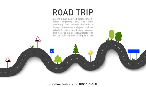 Viaje por carretera. Icono para el mapa del viaje. Autopista para viajar. Ruta del taxi. Asfalto con señales de tránsito y naturaleza. Camino por la calle para el transporte. Diseño del patrón sobre fondo blanco. Tráfico de vehículos. Vector.