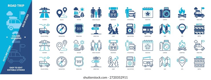 Road Trip icon set. Camera, Highway, Family Holiday, Motel, Gas Station, Hitchhiking, Navigation, Camp Fire. Duotone color solid and editable outline icons