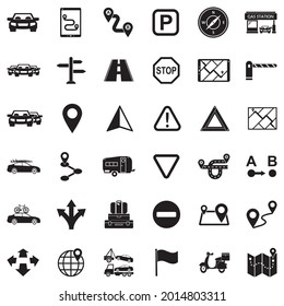Road Trip Icons. Black Flat Design. Vector Illustration.