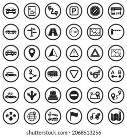 Road Trip Icons. Black Flat Design In Circle. Vector Illustration.