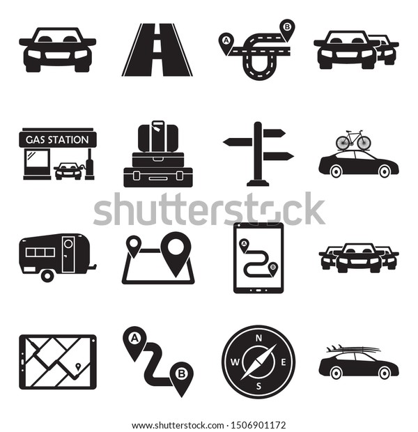 Road\
Trip icons. Black Flat Design. Vector\
Illustration.