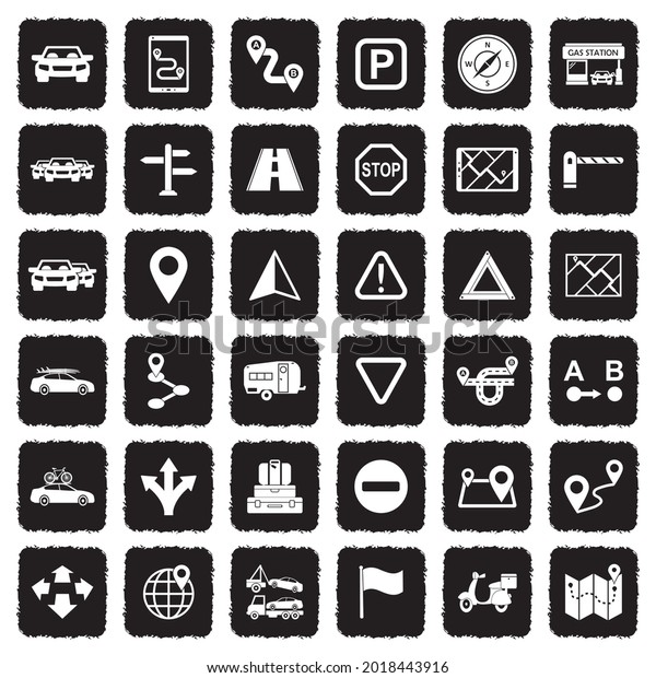 Road Trip Icons. Grunge Black Flat Design.\
Vector Illustration.