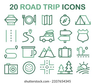 Road trip icons set. Vacation by a car. Driving a car on a summer holidays, traveling the world. Flat vector illustration