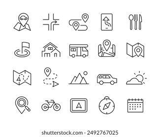 Road Trip Icons - Vector Line. Editable Stroke.