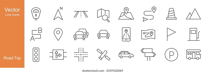 Road Trip Icons - Vector Line. Editable Stroke.