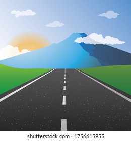 Road trip illustration. Highway drive with beautiful landscape. Travel road car view.