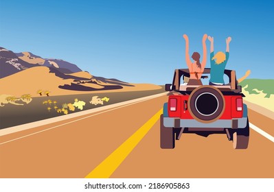 Ilustración de viaje por carretera de personas en el auto con taza abierta. Feliz grupo de vacaciones de verano con amigos y familia con coche