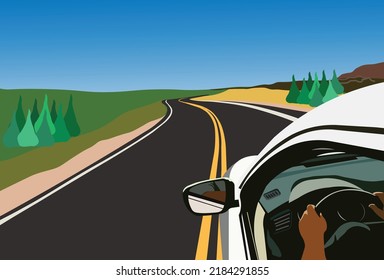 Road Trip illustration vector with direction way and driving in the car view from window. Landscape with blue sky and yellow line in the middle of road