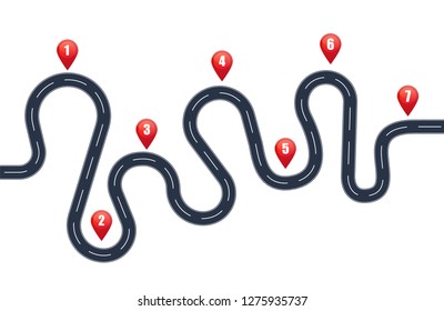 Road trip. Road infographic with pin pointer isolated on white background. Vector illustration.