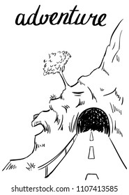 Road trip ink sketch of the tunnel in the mountain and the tree with the hand written word "adventure"