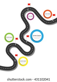 Road trip and Journey route. Business and Journey Infographic Design Template with flags and place for your data. Winding road on a colorful background. Stylish streamers. Vector EPS 10