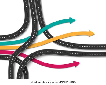 Road trip and Journey route. Business and Journey Infographic. Stylish Serpentine in the form of arrows. Winding roads on a white background. Vector EPS 10