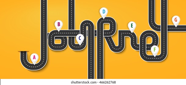 Road trip and Journey route. Business and Journey Infographic Design Template with pin pointer. Winding road on a colorful background. Stylish streamers. Vector EPS 10