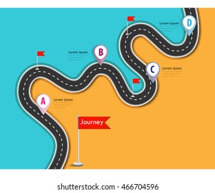 Road trip and Journey route. Business and Journey Infographic Design Template with flags and place for your data. Winding road on a colorful background. Stylish streamers. Vector EPS 10