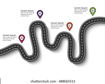 Road trip and Journey route. Business and Journey Infographic Design Template with pin pointer and place for your data. Winding roads. Modern flat design thin line infographic. Vector EPS 10