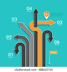 Road trip and Journey route. Business and Journey Infographic. Stylish Serpentine in the form of arrows. Winding roads on a colorful background. Vector EPS 10