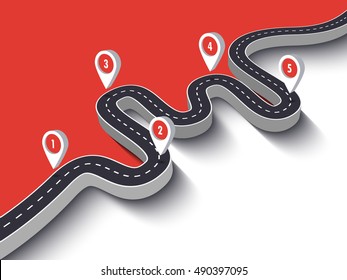 Road trip and Journey route. Business and Journey Infographic Design Template with pin pointer. Winding road on a colorful background. 3D Stylish streamers. Vector EPS 10