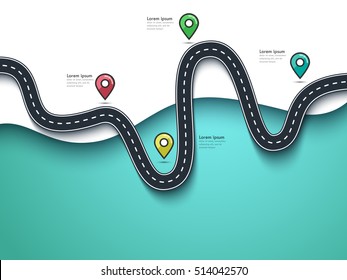 Road Trip and Journey Route. Business and Journey Infographic Flat Design Template with Pin Pointer. Stylish Winding Road. Vector EPS 10