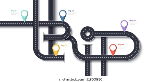 Road Trip and Journey Route. Business and Journey Infographic Design Template with Pin-pointers and place for your data. Winding roads on a white background. Vector EPS 10