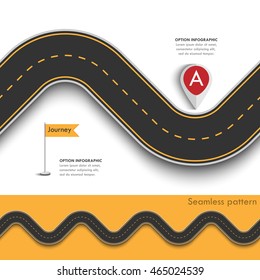 Road trip and Journey route with pin pointer. Business and Journey Infographic Design Template with flags and place for your data. Seamless Winding road on a colorful background. Vector EPS 10