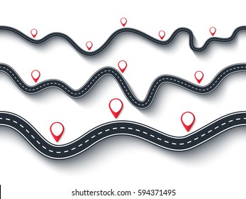 Road trip and Journey route. Seamless Winding Roads Set on a White Isolated Background with Pin Pointers. Vector EPS 10