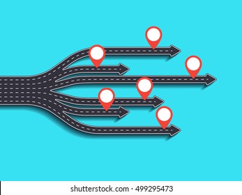 Road trip, journey route and road to success. Business and Journey Infographic with pin pointer. Stylish Serpentine in the form of arrows. Winding roads on a colorful background. Vector EPS 10