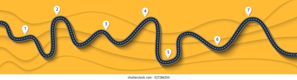 Road trip and Journey route. Winding Road on a Colorful Background with pin pointer. Vector EPS 10