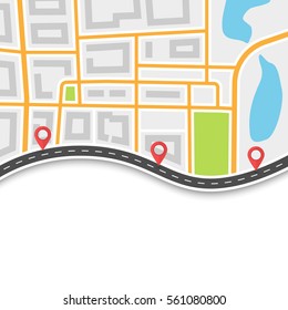 Road trip and Journey route. Winding Road on the Map Background with Pin Pointers. Abstract GPS navigation banner. Vector EPS 10