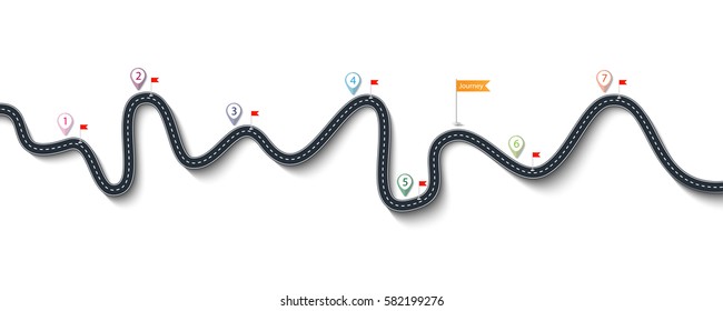 Road trip and Journey route. Winding Road on a White Isolated Background with Flags and Pin Pointers. Vector EPS 10