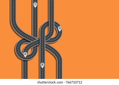 Road trip and Journey route. Winding road on a colorful background with pin pointer. Vector illustration