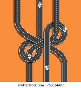 Road trip and Journey route. Winding road on a colorful background with pin pointer. Vector illustration