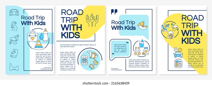 Road trip with kids blue and yellow brochure template. Car travel. Leaflet design with linear icons. Editable 4 vector layouts for presentation, annual reports.Questrial, Lato-Regular fonts used