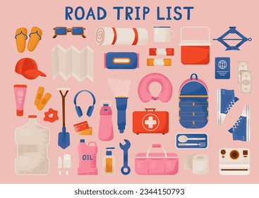 Road trip kit set. Vacation by a car equipment. Backpack with necessities. Driving a car on a summer holidays, traveling the world preparation. Flat vector illustration