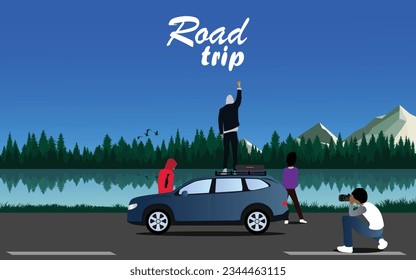 Road trip landscape mountain travel with friends vacation weekend journey holiday vector illustration card