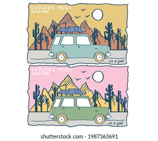 Road trip, life is good exploring vector print design for apparel and others. Cactus desert vector design. Cactus vector design.  Joshua tree national park vector print deisn.