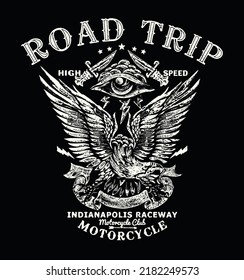 road trip logo.An American eagle on a motorcycle engine. This vector illustration is perfect for biker-themed shirt prints and many other uses as well.
